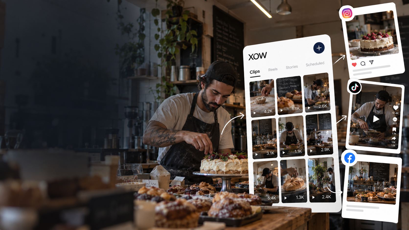 A baker decorates a cake. XOW turns the clips into posts for Instagram, TikTok and Facebook.