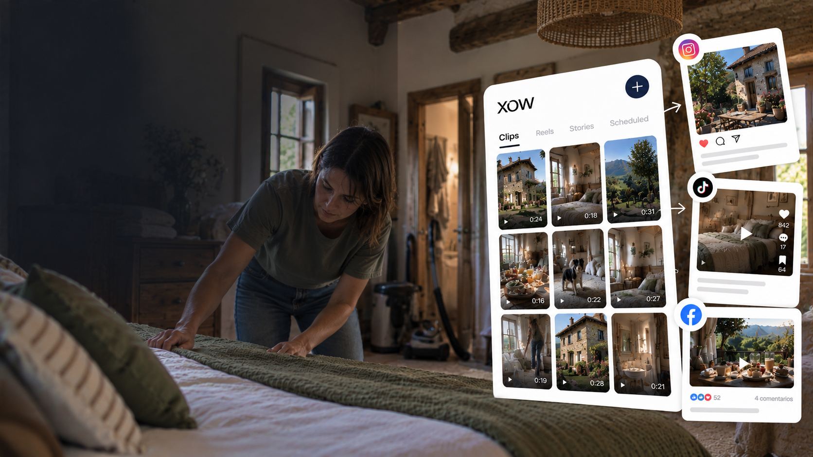 A host makes a bed in a rural guesthouse. XOW turns the clips into posts for Instagram, TikTok and Facebook.